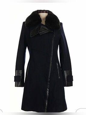Black Women's Asymmetrical Wool Coat with Faux Fur Collar